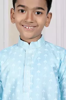 Blue printed art silk boys-dhoti-kurta