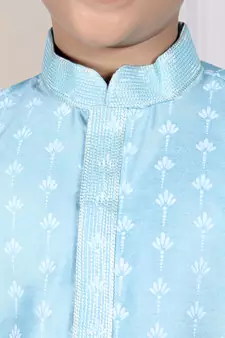 Blue printed art silk boys-dhoti-kurta