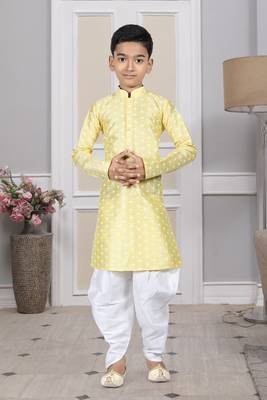 Yellow printed art silk boys-dhoti-kurta 1