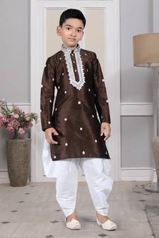 Brown embroidered art silk boys-dhoti-kurta