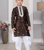 Brown embroidered art silk boys-dhoti-kurta