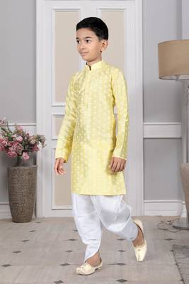 Yellow printed art silk boys-dhoti-kurta 3