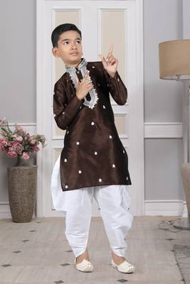 Brown embroidered art silk boys-dhoti-kurta 2