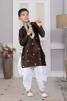 Brown embroidered art silk boys-dhoti-kurta