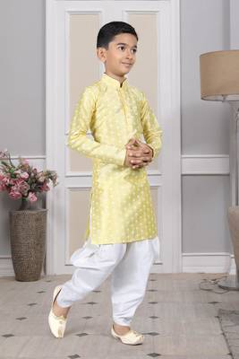 Yellow printed art silk boys-dhoti-kurta 4