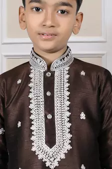 Brown embroidered art silk boys-dhoti-kurta