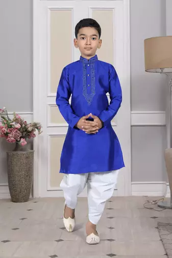 Blue embroidered art silk boys-dhoti-kurta