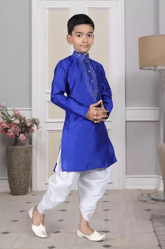 Blue embroidered art silk boys-dhoti-kurta