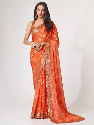 Delightful Orange Digital Print Organza Festive Wear Saree 1
