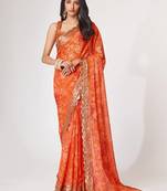 Delightful Orange Digital Print Organza Festive Wear Saree