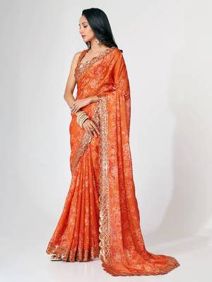 Delightful Orange Digital Print Organza Festive Wear Saree 2