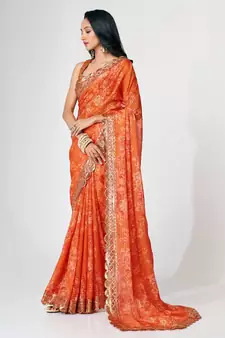 Delightful Orange Digital Print Organza Festive Wear Saree
