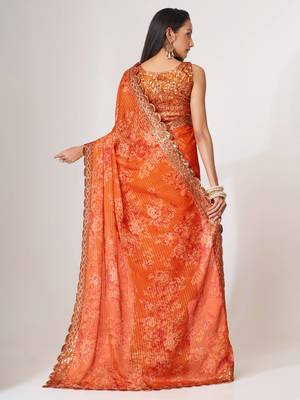 Delightful Orange Digital Print Organza Festive Wear Saree 3