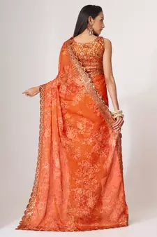 Delightful Orange Digital Print Organza Festive Wear Saree