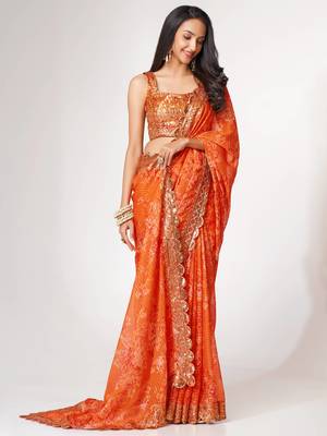 Delightful Orange Digital Print Organza Festive Wear Saree 4