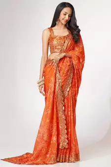 Delightful Orange Digital Print Organza Festive Wear Saree