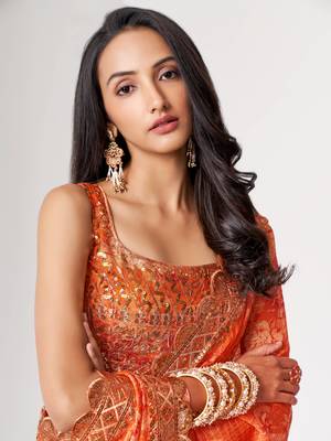 Delightful Orange Digital Print Organza Festive Wear Saree 5