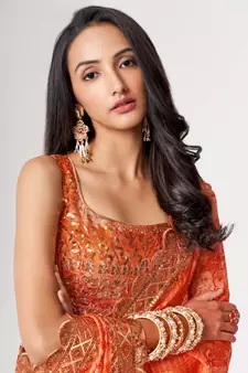 Delightful Orange Digital Print Organza Festive Wear Saree