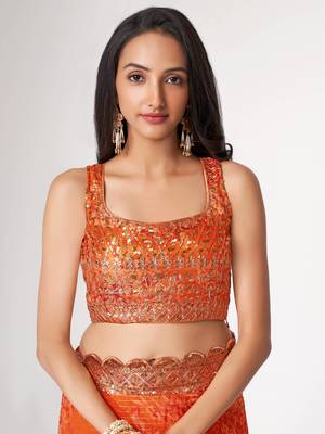 Delightful Orange Digital Print Organza Festive Wear Saree 6