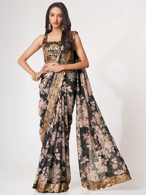 Delightful Black Digital Print Organza Festive Wear Saree 1