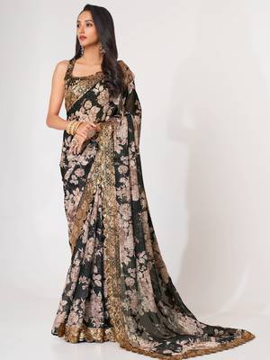 Delightful Black Digital Print Organza Festive Wear Saree 2