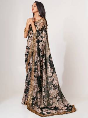 Delightful Black Digital Print Organza Festive Wear Saree 3
