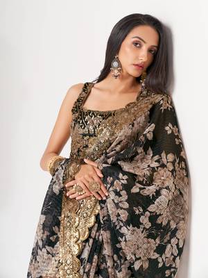 Delightful Black Digital Print Organza Festive Wear Saree 5