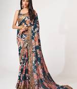 Delightful Dove Blue Digital Print Organza Festive Wear Saree