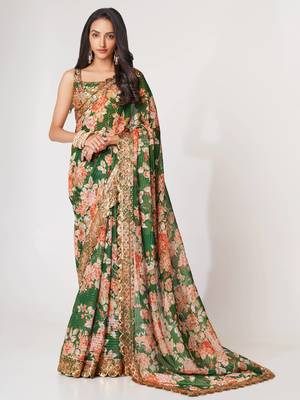 Delightful Green Digital Print Organza Festive Wear Saree 1