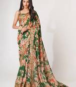Delightful Green Digital Print Organza Festive Wear Saree