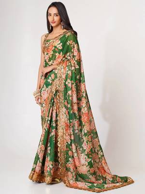 Delightful Green Digital Print Organza Festive Wear Saree 2