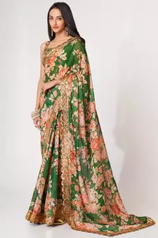 Delightful Green Digital Print Organza Festive Wear Saree