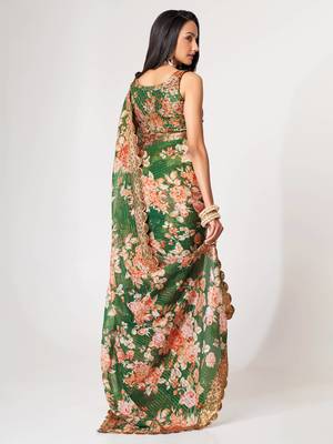 Delightful Green Digital Print Organza Festive Wear Saree 3