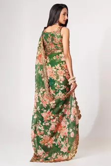 Delightful Green Digital Print Organza Festive Wear Saree