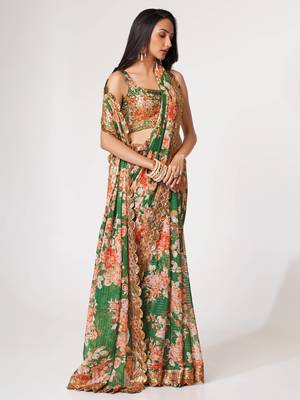 Delightful Green Digital Print Organza Festive Wear Saree 4