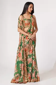 Delightful Green Digital Print Organza Festive Wear Saree