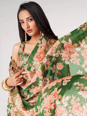 Delightful Green Digital Print Organza Festive Wear Saree 5