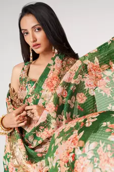 Delightful Green Digital Print Organza Festive Wear Saree