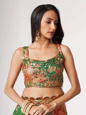 Delightful Green Digital Print Organza Festive Wear Saree 6