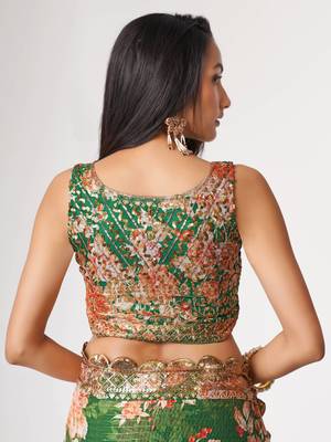 Delightful Green Digital Print Organza Festive Wear Saree 7