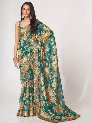 Delightful Teal Blue Digital Print Organza Festive Wear Saree 1