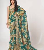 Delightful Teal Blue Digital Print Organza Festive Wear Saree