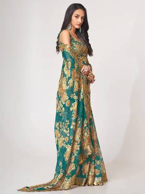Delightful Teal Blue Digital Print Organza Festive Wear Saree 2