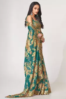 Delightful Teal Blue Digital Print Organza Festive Wear Saree