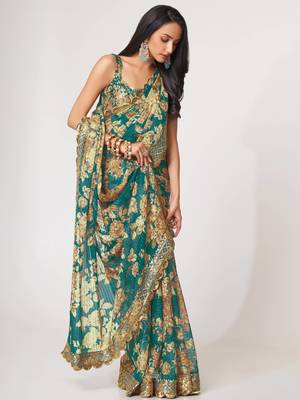 Delightful Teal Blue Digital Print Organza Festive Wear Saree 3