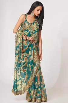 Delightful Teal Blue Digital Print Organza Festive Wear Saree