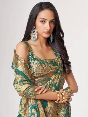 Delightful Teal Blue Digital Print Organza Festive Wear Saree 4