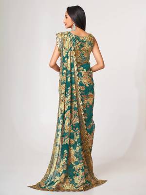 Delightful Teal Blue Digital Print Organza Festive Wear Saree 5