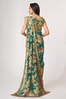 Delightful Teal Blue Digital Print Organza Festive Wear Saree