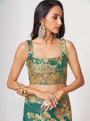 Delightful Teal Blue Digital Print Organza Festive Wear Saree 6